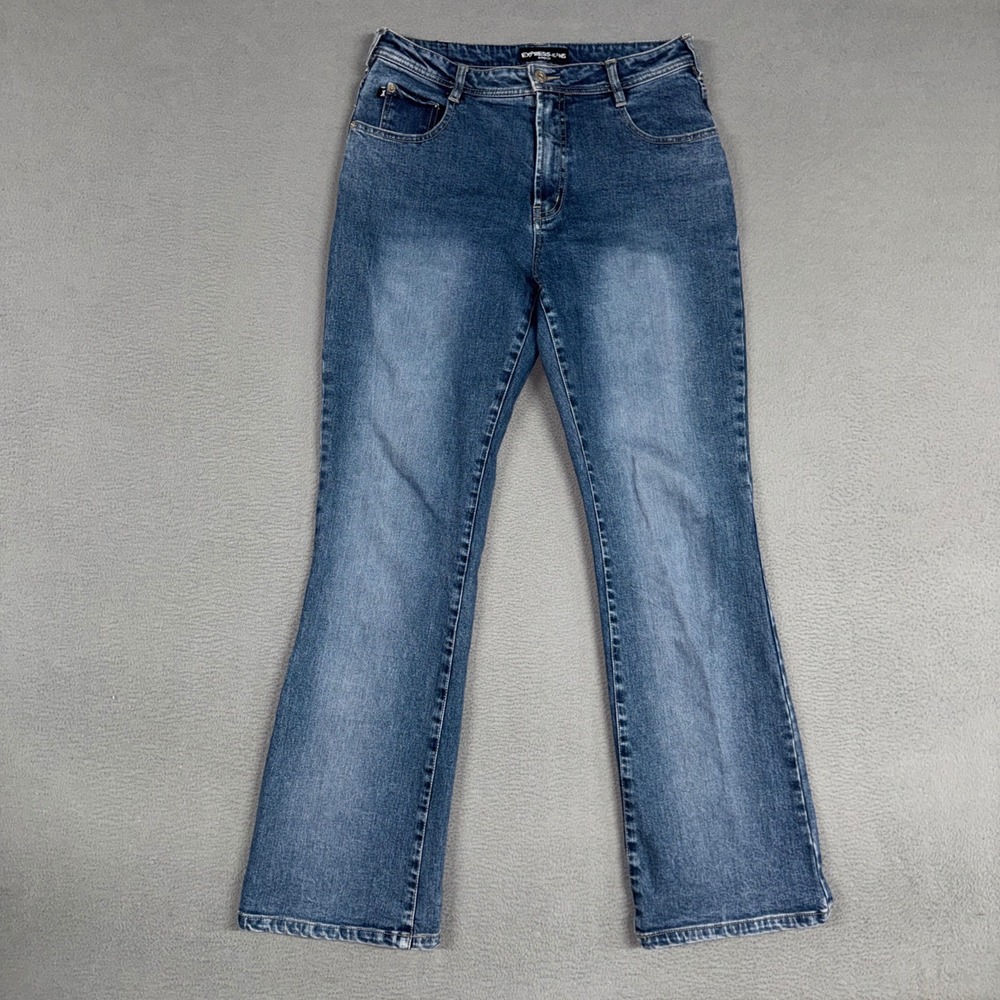 Express Jeans Womens 12 Blue Mid Rise Bootcut Stretch Distressed Denim Cotton